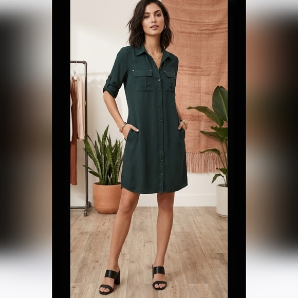 White House Black Market Dresses & Skirts - White House Black Market Dark Green Button-Up Shirt Dress
